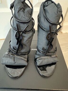 Saint Laurent Black Patent Logo Strappy Heels